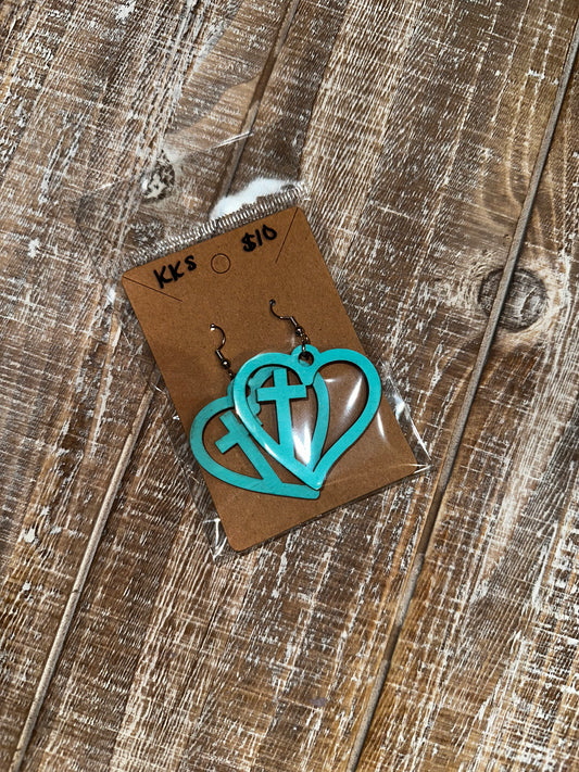 Teal cross/heart dangle