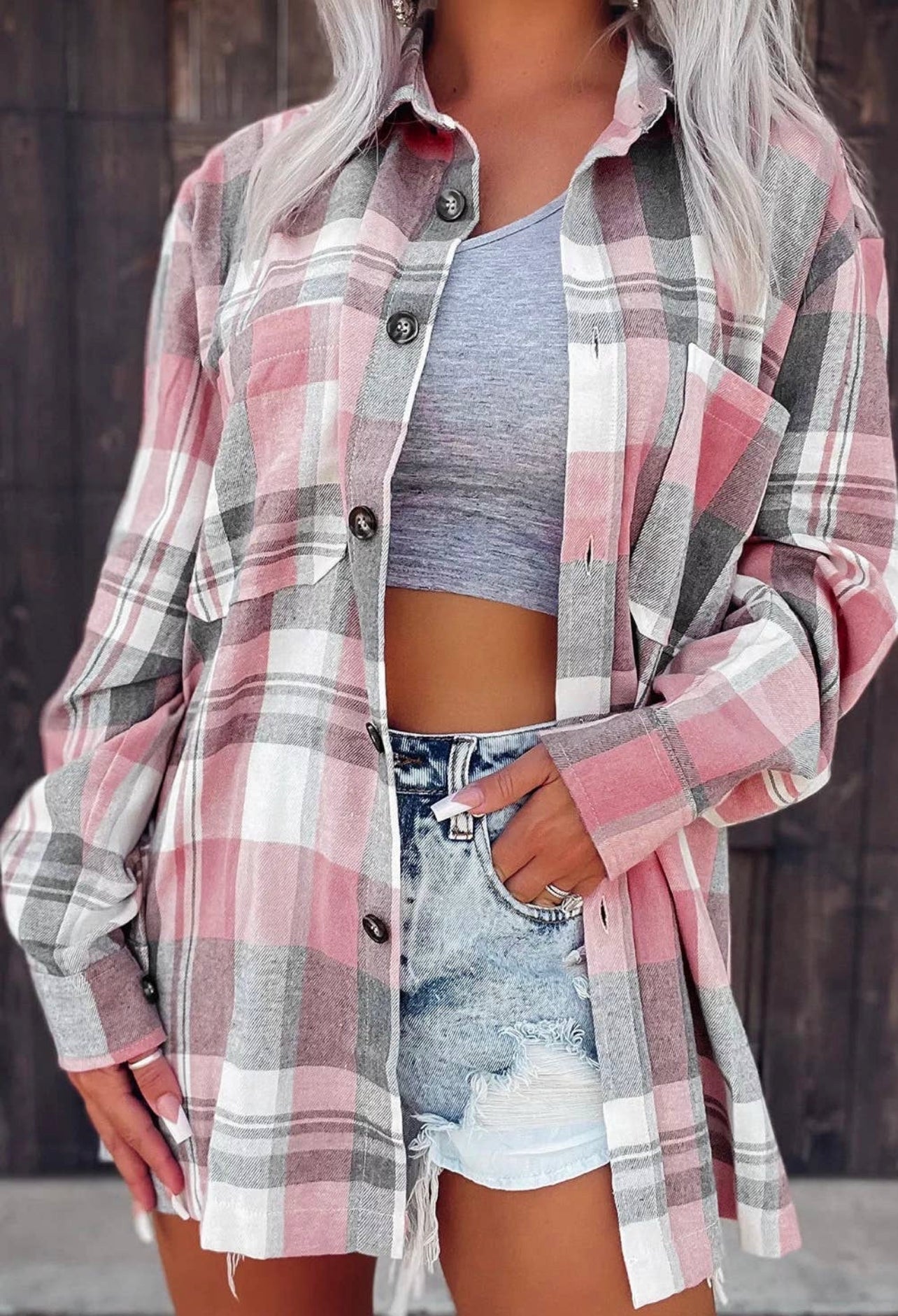 Pink Plaid Button Up Patch Pocket Shirt